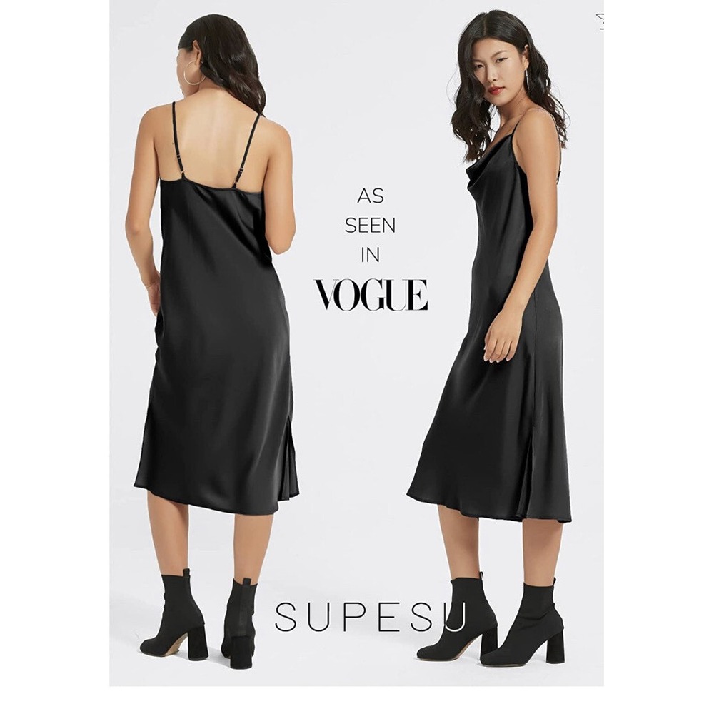 SUPESU Eden Slip Dress Black Draped Cowl Neck Satin Midi XL Wedding Cocktail
